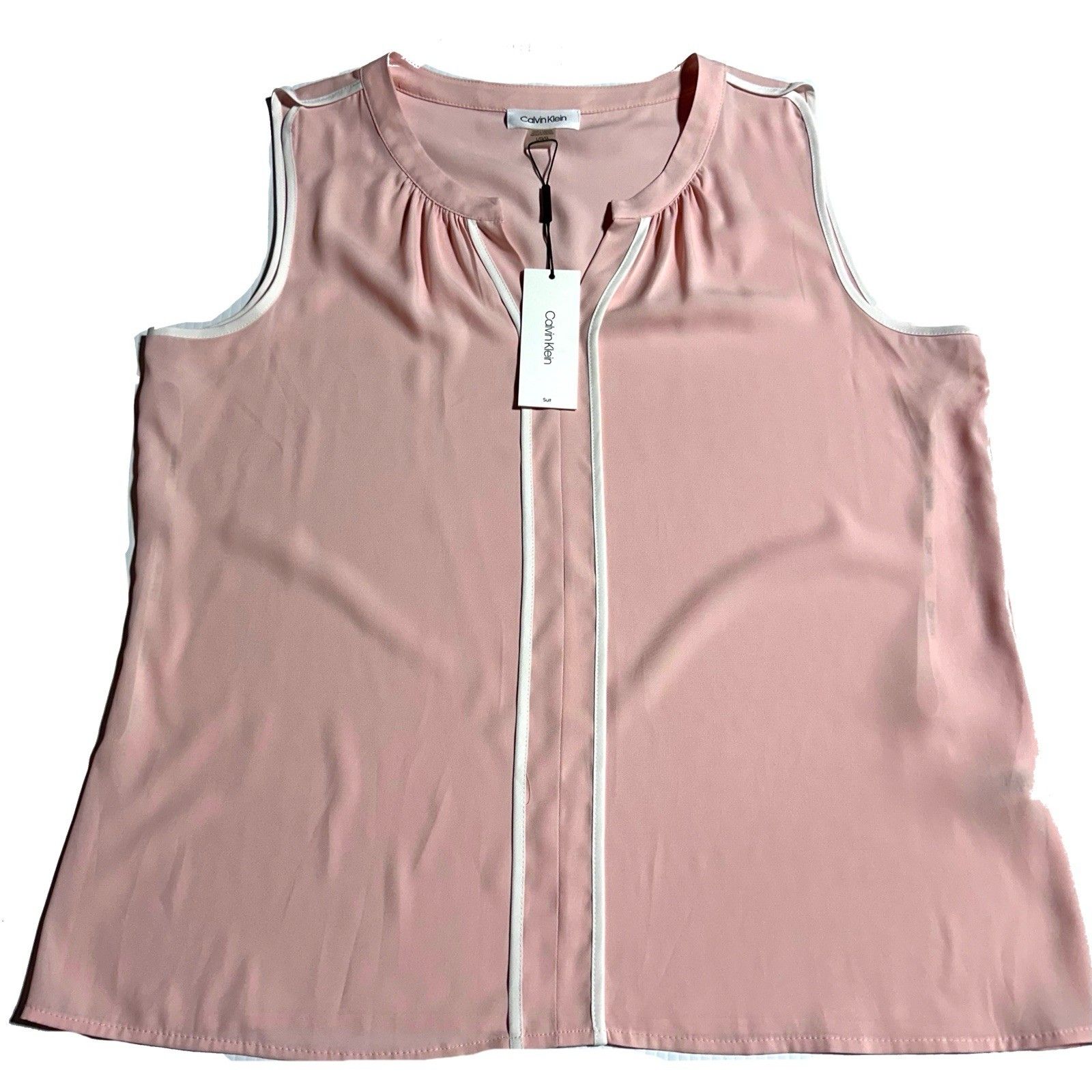 Calvin Klein Sleeveless Blouse Pink White Trim Split Neck Neck Size L Large Nwt